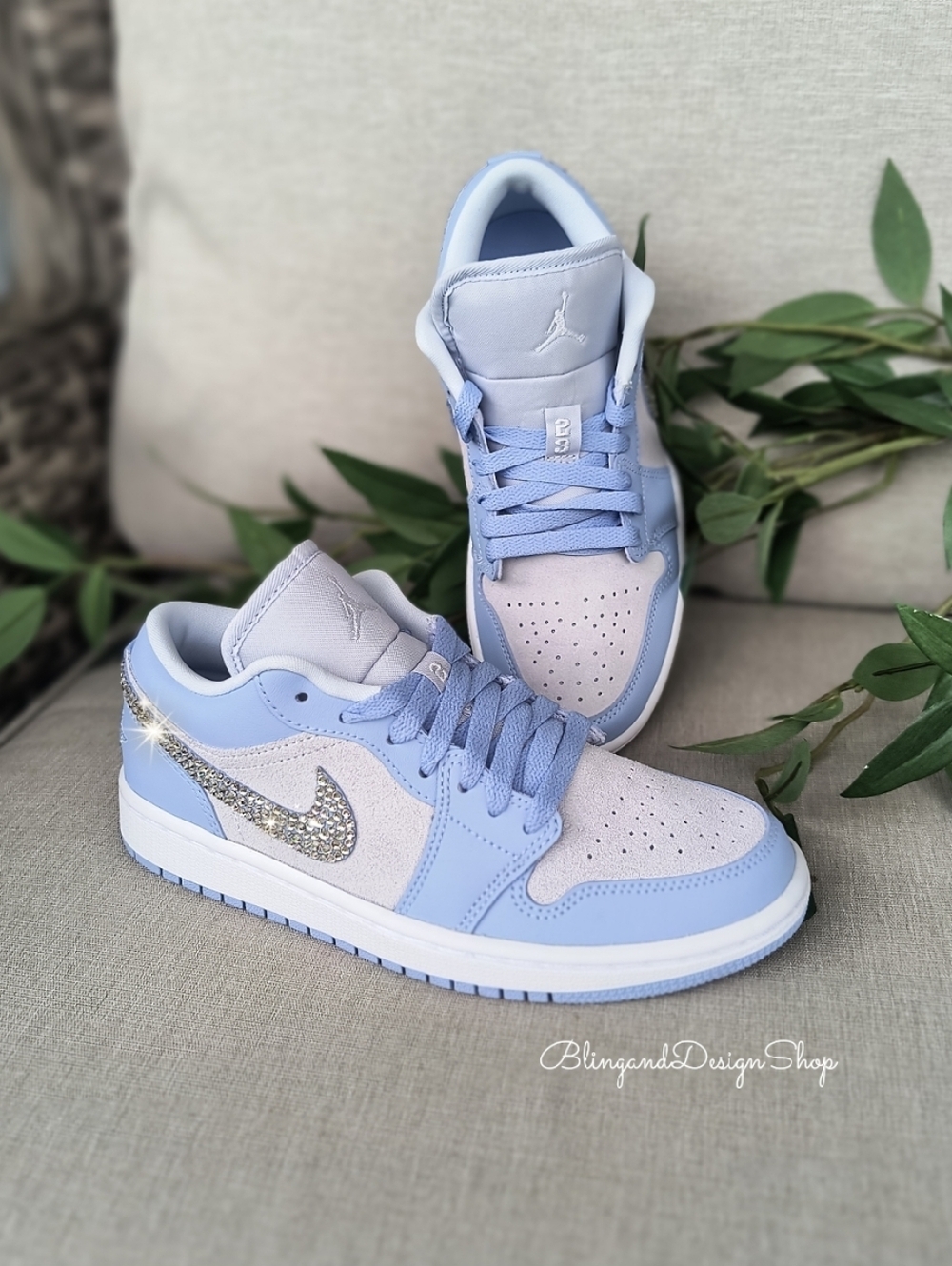 Bling Nike Air Jordan 1 Low Blue White Women's Sneakers Customized With Crystals - Picture 2 of 6